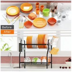 Dish Drying Rack Swedecor 2 Tier Rust-Resistant Dish Rack Small Dish Drainer with Drainboard Tray Cup Holder and Utensil Holder for Kitchen Countertop